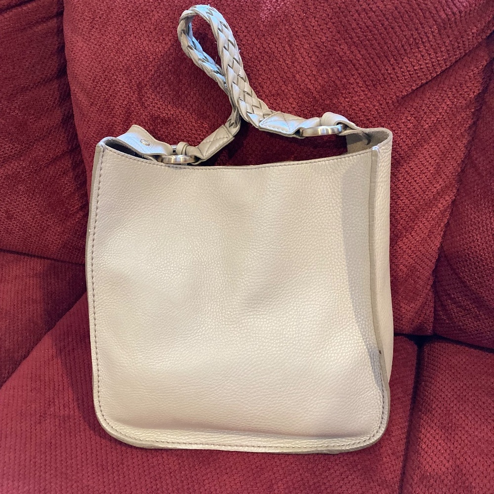 Cole Haan Hobo Shoulder Bag Cream Beige Pebble Leather Braided Strap Tote